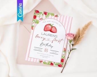 Berry First Birthday Invitation: Strawberry Party, Editable Canva Template (Digital Download 5x7in PDF)