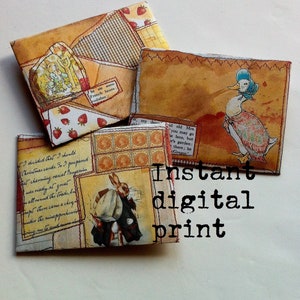 Può includere: Una collezione di buste di carta fatte a mano con illustrazioni vintage. Le buste presentano immagini di un coniglio, un'anatra e altri disegni stravaganti. È visibile anche il testo "Instant digital print".