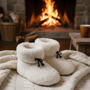 Peut inclure: Une paire de chaussons blancs et duveteux, montant à la cheville, avec des nœuds noirs, posée sur une couverture en tricot crème. Les chaussons sont devant une cheminée avec un feu ardent, évoquant la chaleur et le confort.