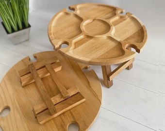 Handmade Wooden Wine Picnic Table: Folding Charcuterie Board with Glass Holders