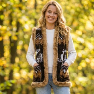 May include: A brown and tan vest with a faux fur trim and pockets. The vest features a geometric and snowflake pattern. The person in the image is wearing a white sweater and blue jeans.