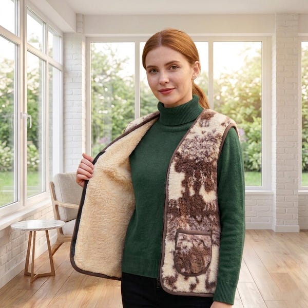 Handmade Sheepskin Wool Vest: Animal Print Boho Gilet