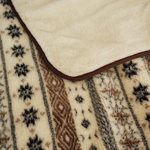 May include: A cozy, cream-colored blanket with a soft, plush texture. The blanket features a patterned design with brown, black, and gray geometric shapes and stripes. The edge is trimmed with a brown border.