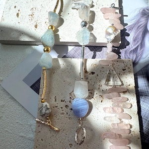 RTI - Pulsera con cierre de palanca geométrico de bucle y línea / Cuarzo fantasma azul, ágata azul, cuarzo rosa, perla barroca, turquesa blanca, cuarzo