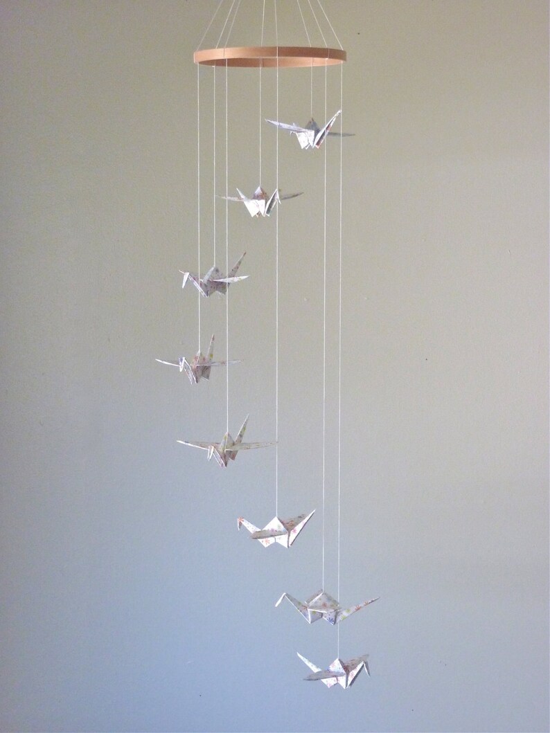 Baby Mobile Origami Crane Mobile Children Decor Eco Friendly Art Baby Nursery Home White Floral Flowers Bird Bedroom Peace Kids Fun image 2