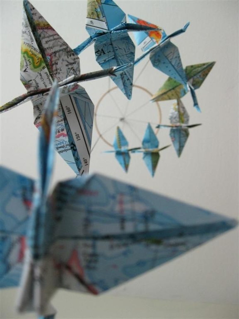 Children Decor Origami Crane Mobile Baby Mobile Map Eco Friendly World Atlas Teacher Repurposed Blue Classroom Nursery Bedroom image 1