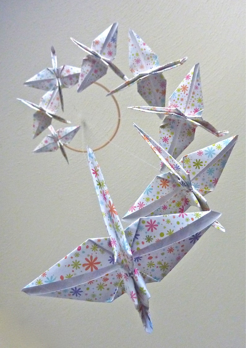 Baby Mobile Origami Crane Mobile Children Decor Eco Friendly Art Baby Nursery Home White Floral Flowers Bird Bedroom Peace Kids Fun image 5