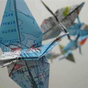 Children Decor Origami Crane Mobile Baby Mobile Map Eco Friendly World Atlas Teacher Repurposed Blue Classroom Nursery Bedroom image 3