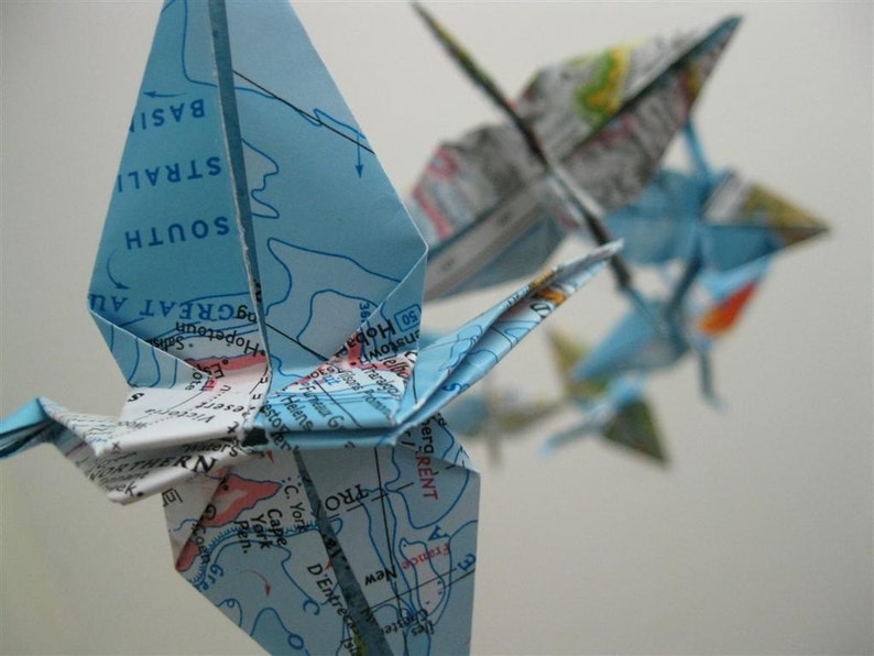 Children Decor Origami Crane Mobile Baby Mobile Map Eco Friendly World Atlas Teacher Repurposed Blue Classroom Nursery Bedroom image 3