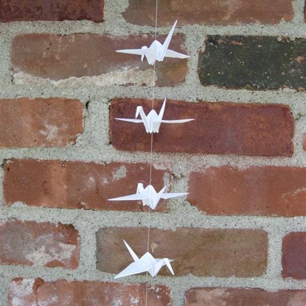 Origami - String of White Paper Cranes - Eco Friendly - Children - Wedding - Party Decor - Home Decor - Nursery - Bedroom - Peace