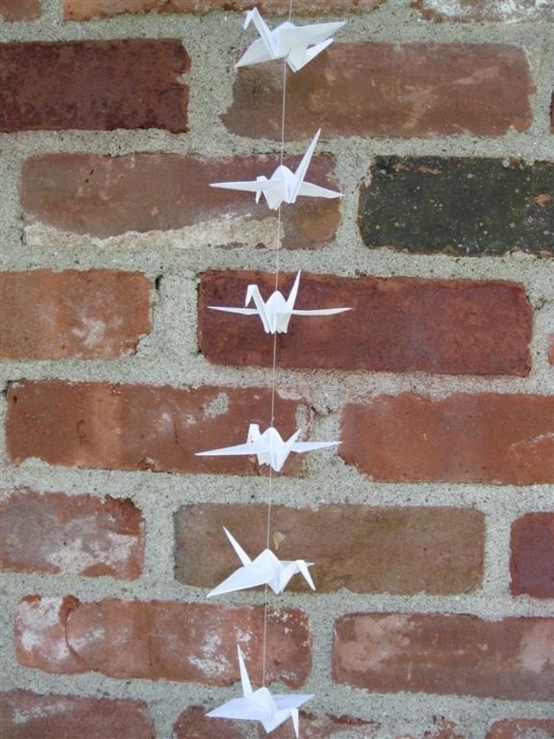 Origami String of White Paper Cranes Eco Friendly Children Wedding Party Decor Home Decor Nursery Bedroom Peace image 1