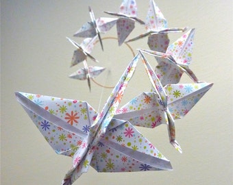 Baby Mobile Origami Crane Mobile Children Decor Eco Friendly Art Baby Nursery Home White Floral Flowers Bird Bedroom Peace Kids Fun