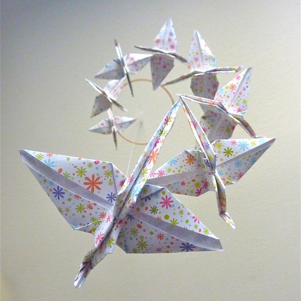 Baby Mobile Origami Crane Mobile Children Decor Eco Friendly Art Baby Nursery Home White Floral Flowers Bird Bedroom Peace Kids Fun