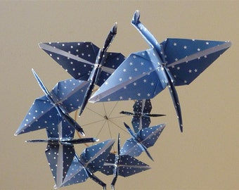 Origami Crane Mobile - Children Decor - Baby Mobile - Baby Nursery Home Decor Starry Night Unique Blue Night - Bedroom - Unique - Stars