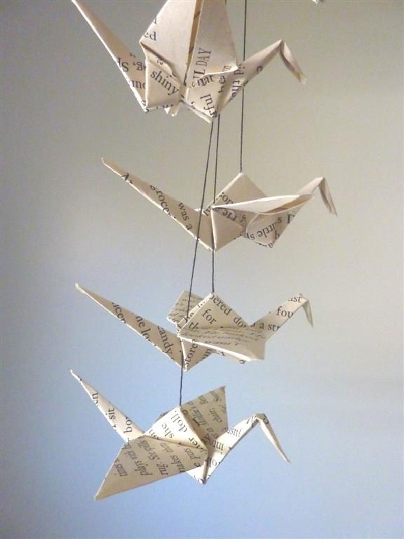 Origami Crane Mobile Eco Friendly Children Decor Baby Mobile Bookish Book Bedroom Recycled Upcycled Repurposed image 3