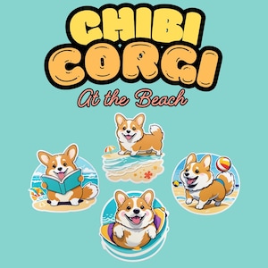 Adesivo digitale Corgi At The Beach! Un adorabile Corgi Chibi che fa le tue attività preferite in spiaggia!