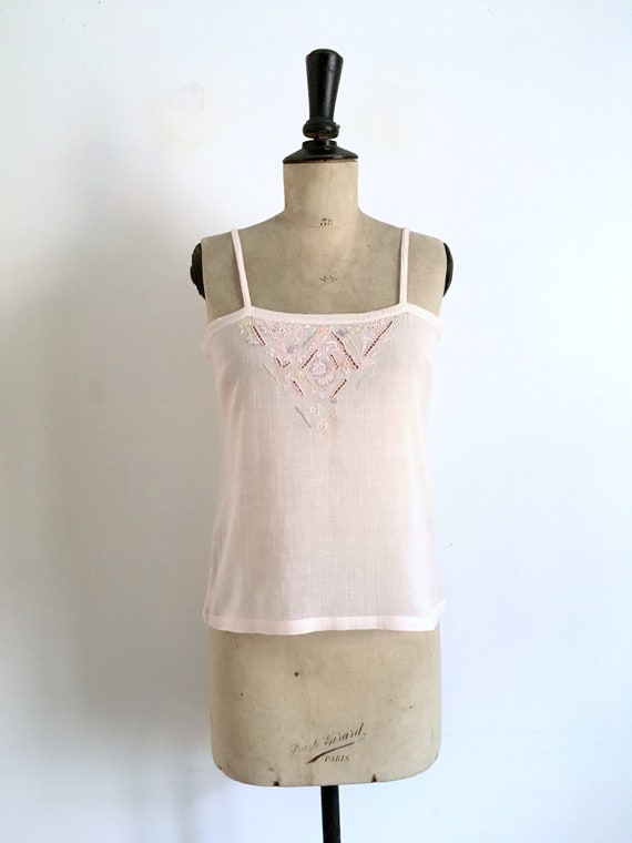 Vintage 1980s Black Silk Tank Top Cami Embroidered