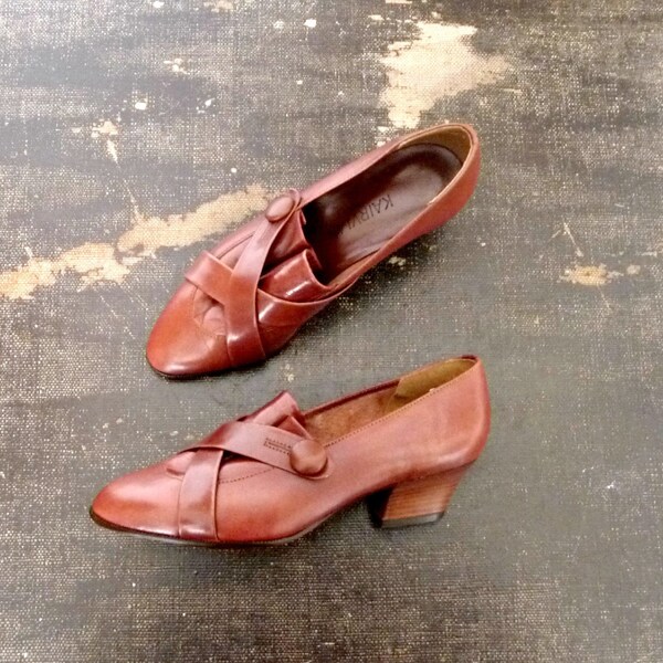 Vintage 80s KAIRVIAN Pumps Closed Leather Brown Caramel Small Heels / Size 37Eur 5.5Us 4Uk