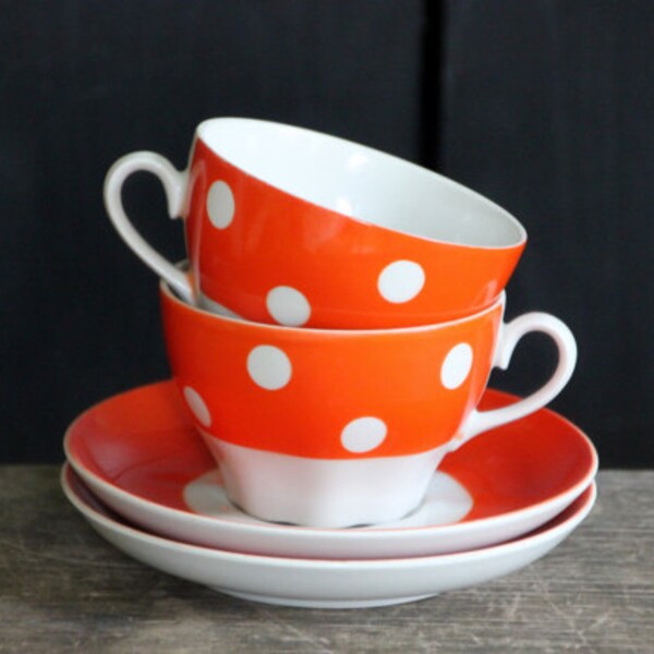 Back in USSR kitchen, polka dot tea or coffee set for two, cups with saucers