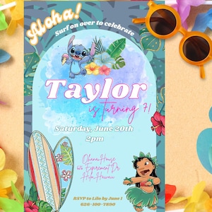 Convite para festa de aniversário de Lilo e Stitch, convite para festa na piscina, convite personalizado editável para festa de aniversário no Havaí, convite para festa de aniversário da Disney