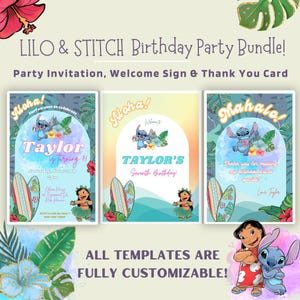 Lot d'invitations d'anniversaire Lilo et Stitch, plaque de bienvenue, carte de remerciement, fête de la piscine, luau, invitation personnalisée, modifiable, invitation d'anniversaire de Stitch