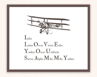 Pilot Phonetic Alphabet Wall Art Print, Aviation Personalized Decor