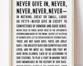 Never Give In Framed Print | Winston Churchill Quote Wall Art | Inspirational Office Decor