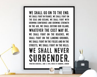 Winston Churchill Quote Wall Art Print or Canvas Leadership Gift for him We Shall Never Surrender Motivational Poster WW2 history buff gift