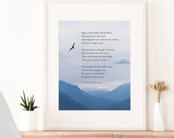 Emily Dickinson Wall Art Print Hope is the thing with feathers poem blue poetry decor bird mountain picture poetry gift for her Mother's Day