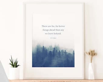 Custom Quote Print inspirational wall art indigo blue misty forest print Personalized gift for her CS Lewis quote print custom gift for him