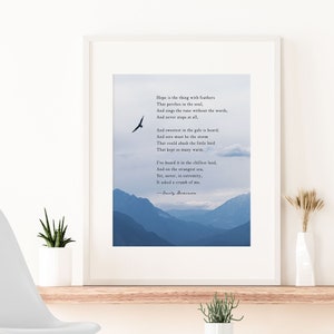 Emily Dickinson Wall Art Print Hope is the thing with feathers poem blue poetry decor bird mountain picture poetry gift for her Mother&#39;s Day