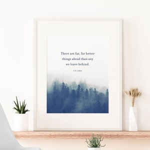 Custom Quote Print inspirational wall art indigo blue misty forest print Personalized gift for her CS Lewis quote print custom gift for him