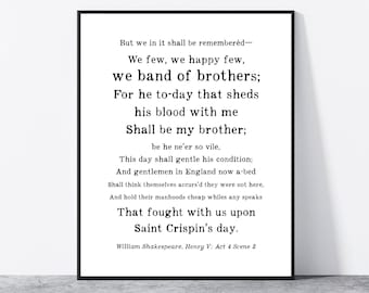 Band of brothers Military Quote Wall Art Print gift for him, Henry V Shakespeare inspirational decor