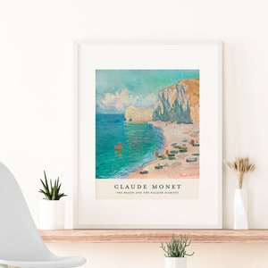 Monet Print beach wall art impressionist painting of French seaside landscape The Beach and the Falaise d&#39;Amont Coastal decor Claude Monet
