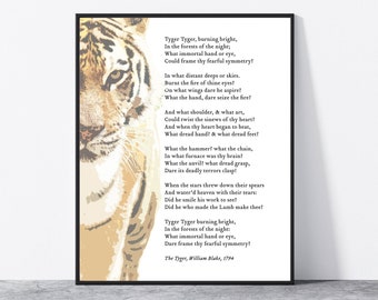 Tiger Poem Wall Art Print, William Blake poetry poster, Tyger burning bright