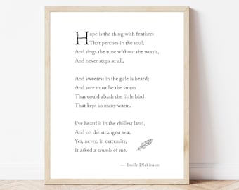 Hope is the thing with feathers Print Poem Emily Dickinson Poetry Wall Art Print Hope quote Emily Dickinson minimalist decor book lover gift