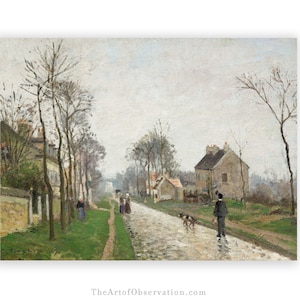 Rainy Day Art Print Walking the dog painting print Rainy day in France print Pissarro art print French village street moody art print 9x12