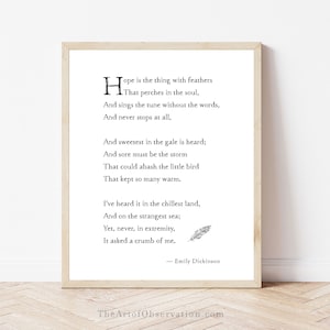 Hope is the thing with feathers Print Poem Emily Dickinson Poetry Wall Art Print Hope quote Emily Dickinson minimalist decor book lover gift