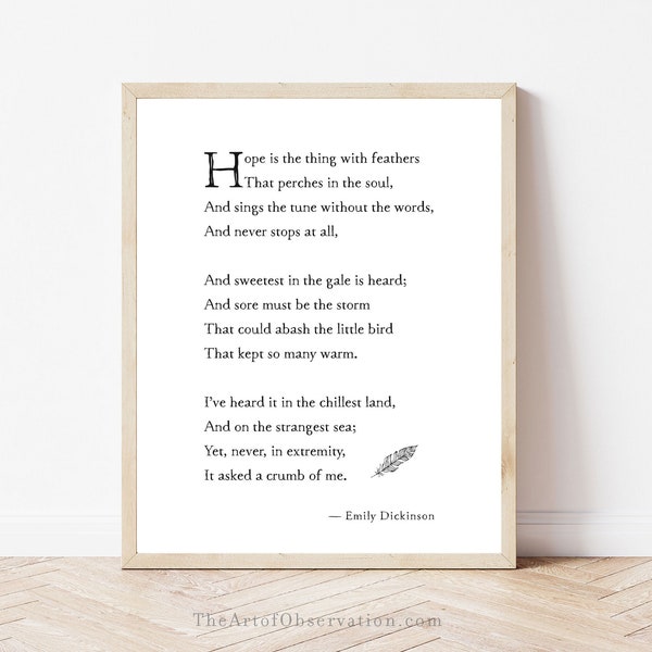 Hope is the thing with feathers Print Poem Emily Dickinson Poetry Wall Art Print Hope quote Emily Dickinson minimalist decor book lover gift