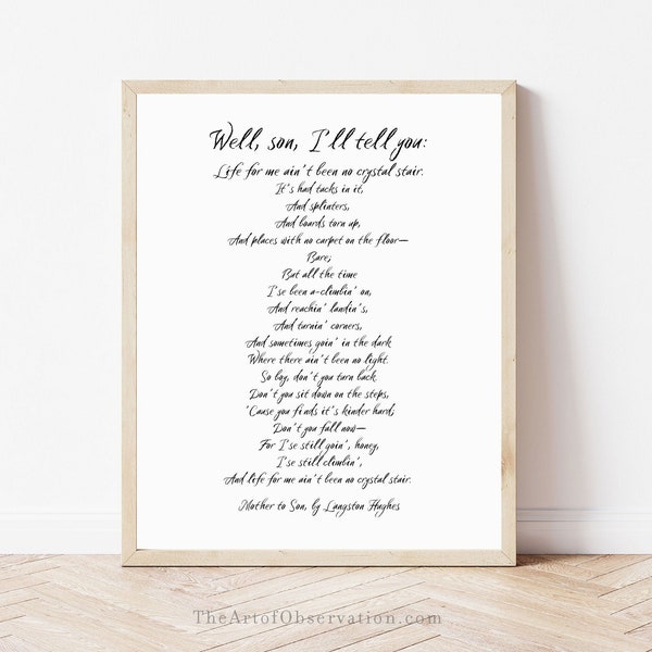 Langston Hughes Poetry Mother to Son Poem Wall Art Print, Life for me ain’t been no crystal stair, Harlem renaissance