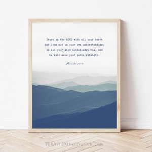 Personalized Indigo Blue Mountains wall art print Custom Quote Bible Verse decor Personalized gift for him Proverbs 3:5-6 Trust in the Lord