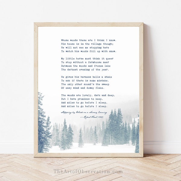 Robert Frost Poem Print Poetry wall art print Stopping by Woods on a Snowy Evening wall art winter decor Robert Frost quote Indigo blue art