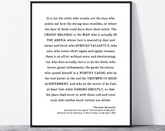 Man in the Arena Wall Art Print, graduation gift for him, Theodore Roosevelt Quote, inspirational speech