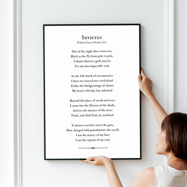 Invictus Poem Wall Art Print frame upgrade available Quote I am the master of my fate I am the captain of my soul Graduation gift for him