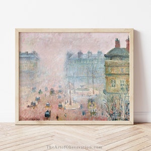 Paris art print of Pissarro painting impressionist French city scene pink Danish pastel art print Place du Theatre Francais Fog Effect