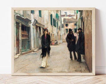 Boho wall art print of John Singer Sargent painting of bohemian woman walking down street in Venice Italy print Muted colors neutral decor