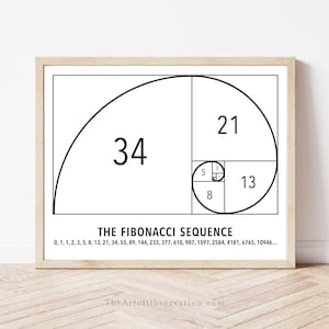 May include: A framed print featuring a black and white Fibonacci sequence spiral diagram. The graphic displays squares labeled with numbers 1, 2, 3, 5, 8, 13, 21, and 34. Below the spiral, the text reads THE FIBONACCI SEQUENCE followed by a numerical list.