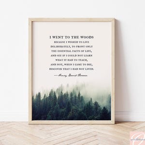 Thoreau Quote Print, Misty Forest Framed Wall Art, I went to the woods, Walden