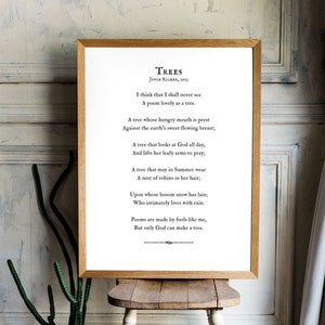 Trees Poem Wall Art Print Joyce Kilmer poetry gift I think that I shall never see a poem lovely as a tree Quote minimalist black and white