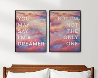 Above Bed Decor Wall Art Print Set of 2 bedroom aesthetic pink dreamy wall art Quote You may say I'm a dreamer but I'm not the only one